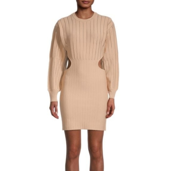 Herve Leger Long-Sleeve Cutout Ribbed Knit Stretch Mini Dress In Sesame XS NWT